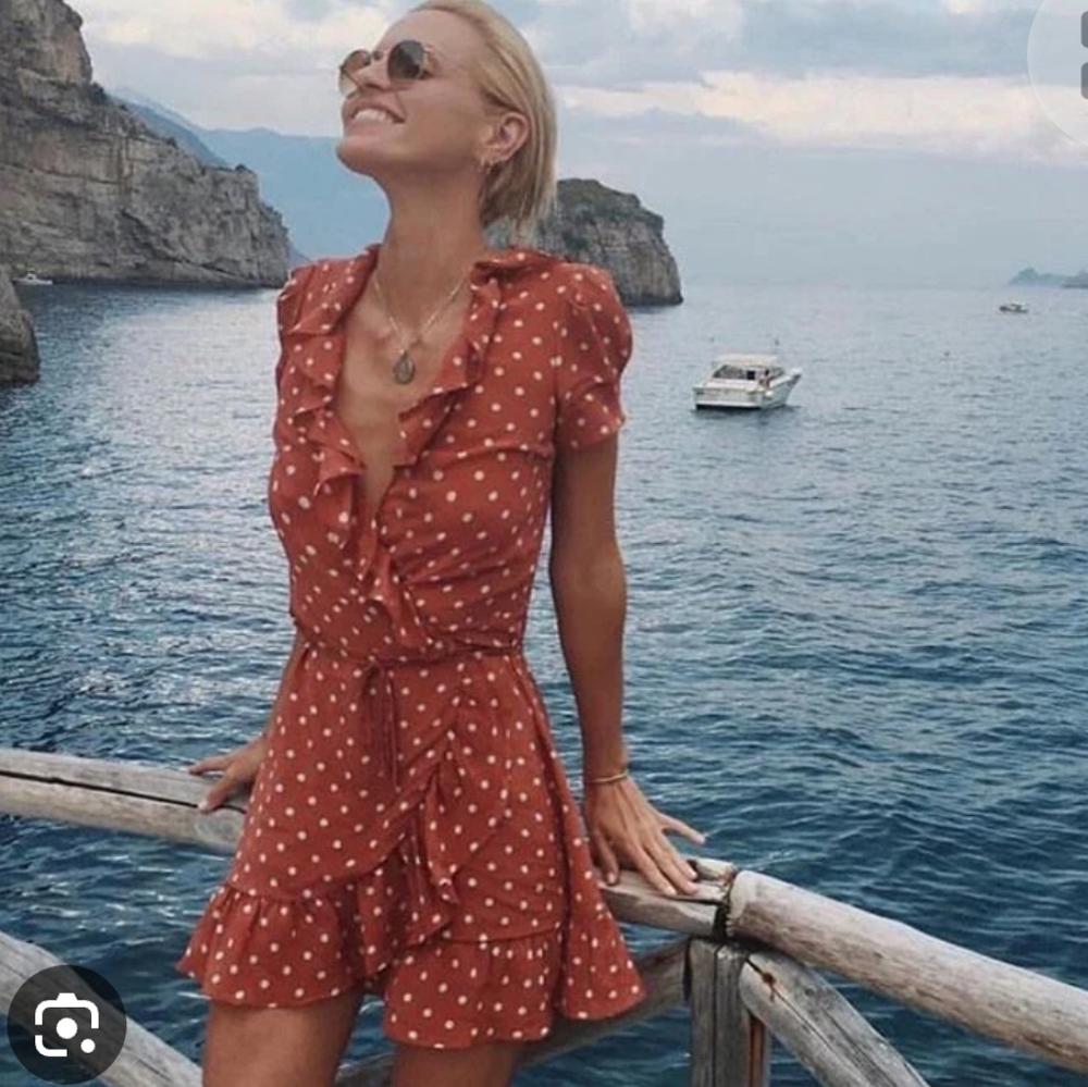 Realisation Par Size M Valentina Rust Silk Polka Dotted Ruffled Wrap Dress